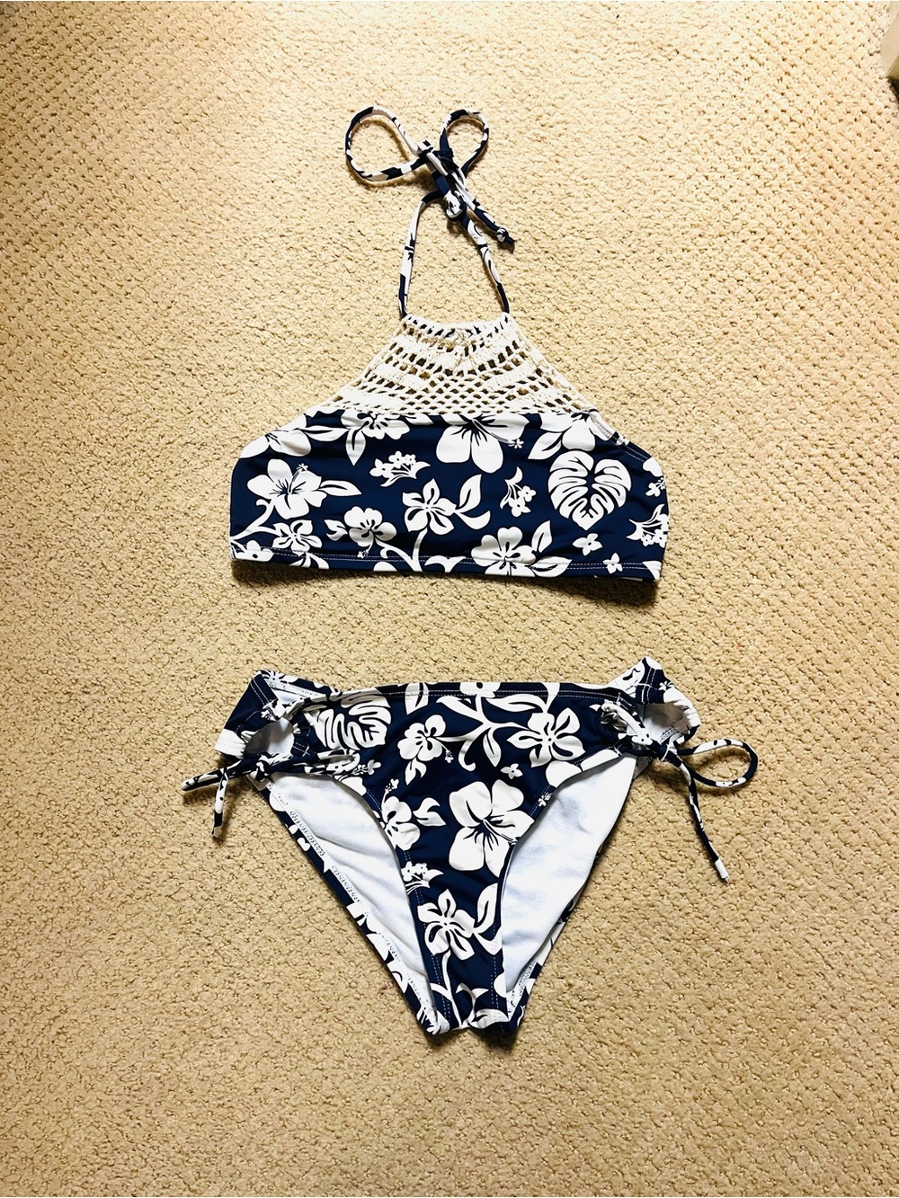 Hobie Navy and White Floral Halter Bikini Girls size 10